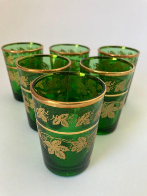 Set of Six Handblown Italian Moorish Green with Gold Shot Glasses