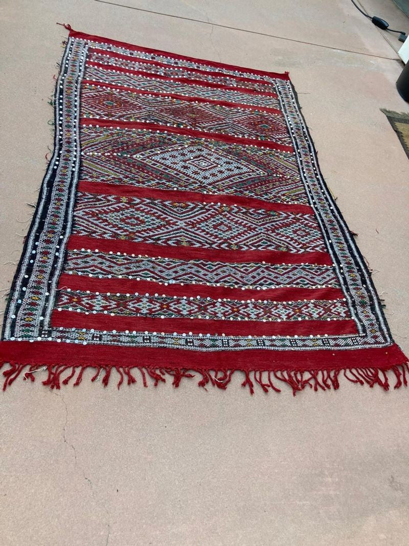 1960s Authentic Moroccan Ethnic Rug with Sequins North Africa, Handira