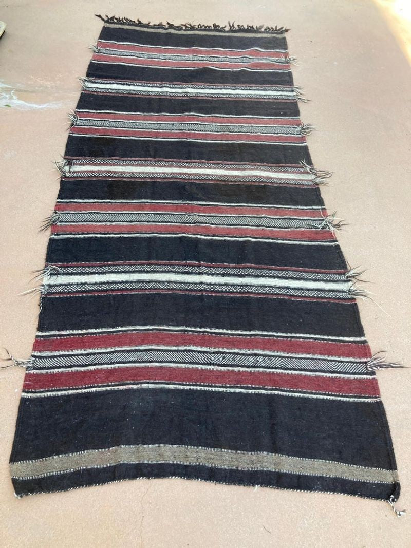 Moroccan Vintage Flat-Weave Black Camel Hair Tribal Rug