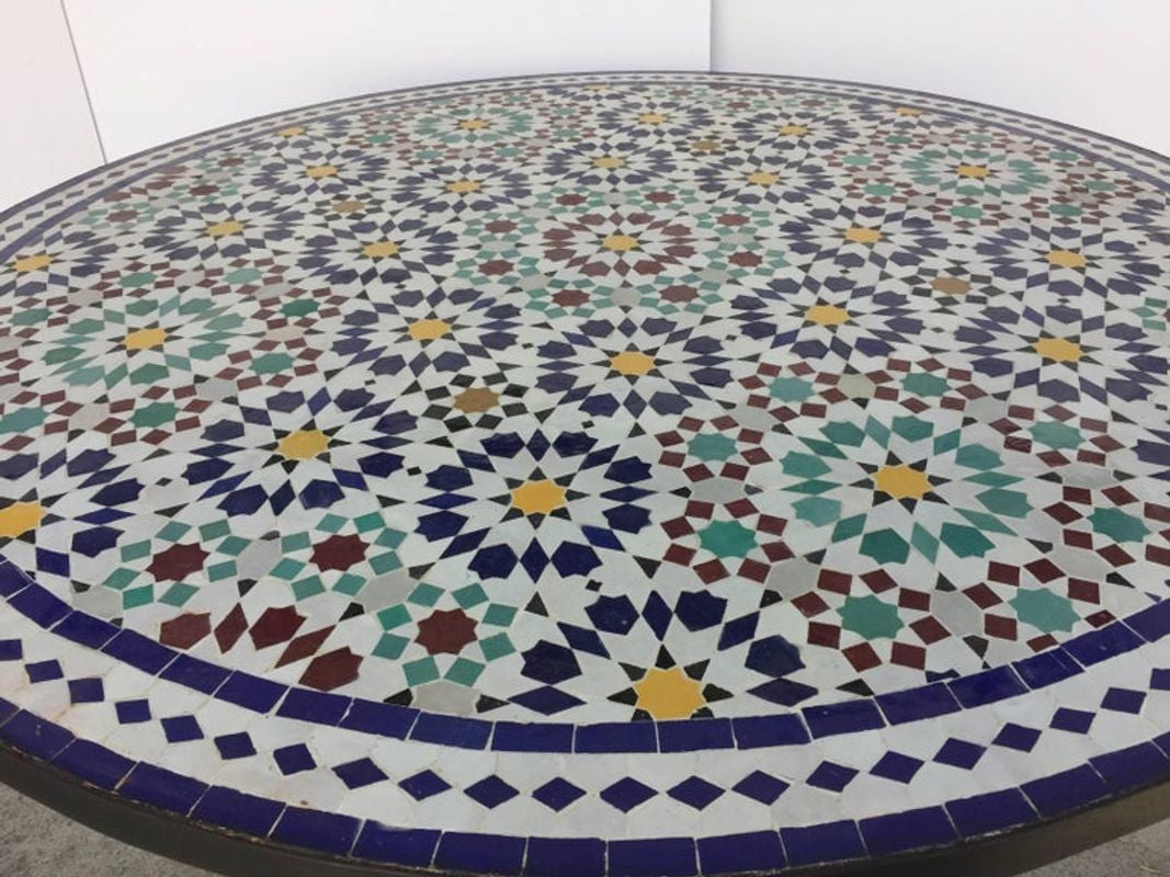 Moroccan Round Mosaic Outdoor Tile Table in Fez Moorish Design