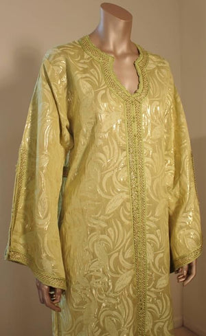 Moroccan Moorish Caftan Gown in Gold Brocade Maxi Dress Kaftan Size M to L