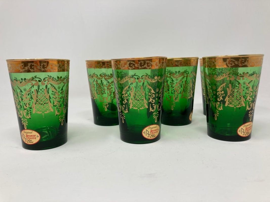 Set of Six Handblown Moorish Green and Gold Tea Glasses