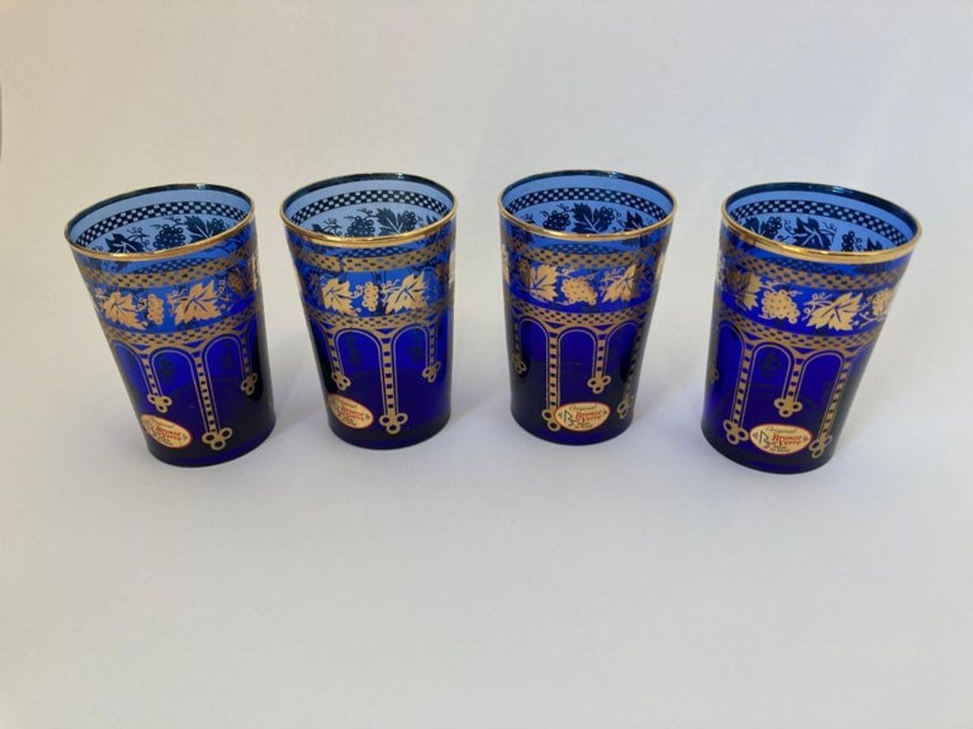 Moorish Blue and Gold Crystal Barware Italian Drinking Glasses Set of 4