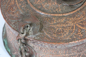 Large Decorative Indian Mughal Round Copper Box with Lid