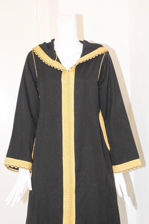 Vintage Moroccan Caftan, Hooded Black and Gold Trim Kaftan Circa 1970's