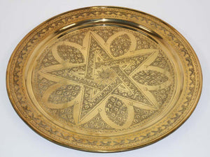 Antique Moroccan Brass Tray Star Etched Collectible Polished Platter 22.5 in. D.