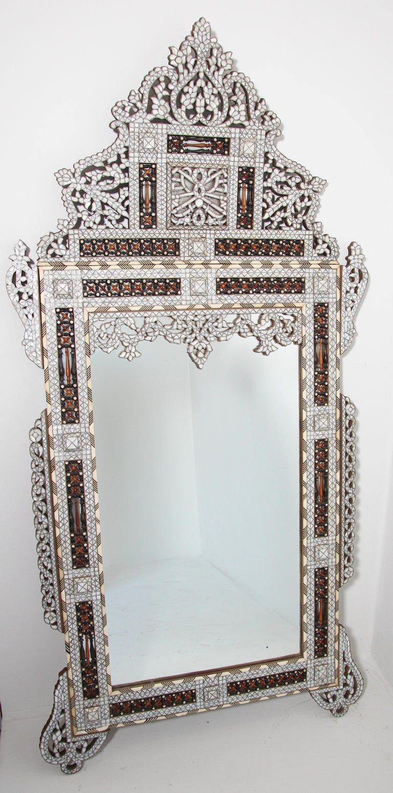 White Shell Inlaid Antique Middle Eastern Damascene Syrian Mirror 66"