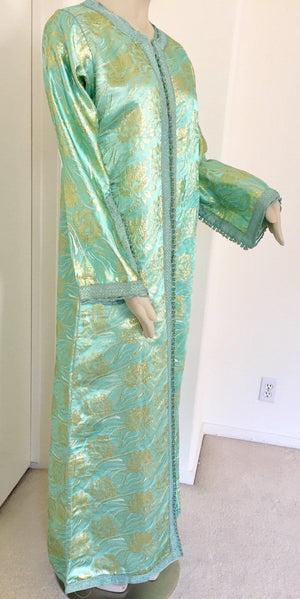 Moroccan Kaftan in Aqua and Gold Floral Brocade Metallic Lame