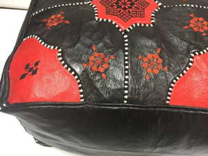 Vintage Moroccan Leather Rectangular Pouf in Red and Black