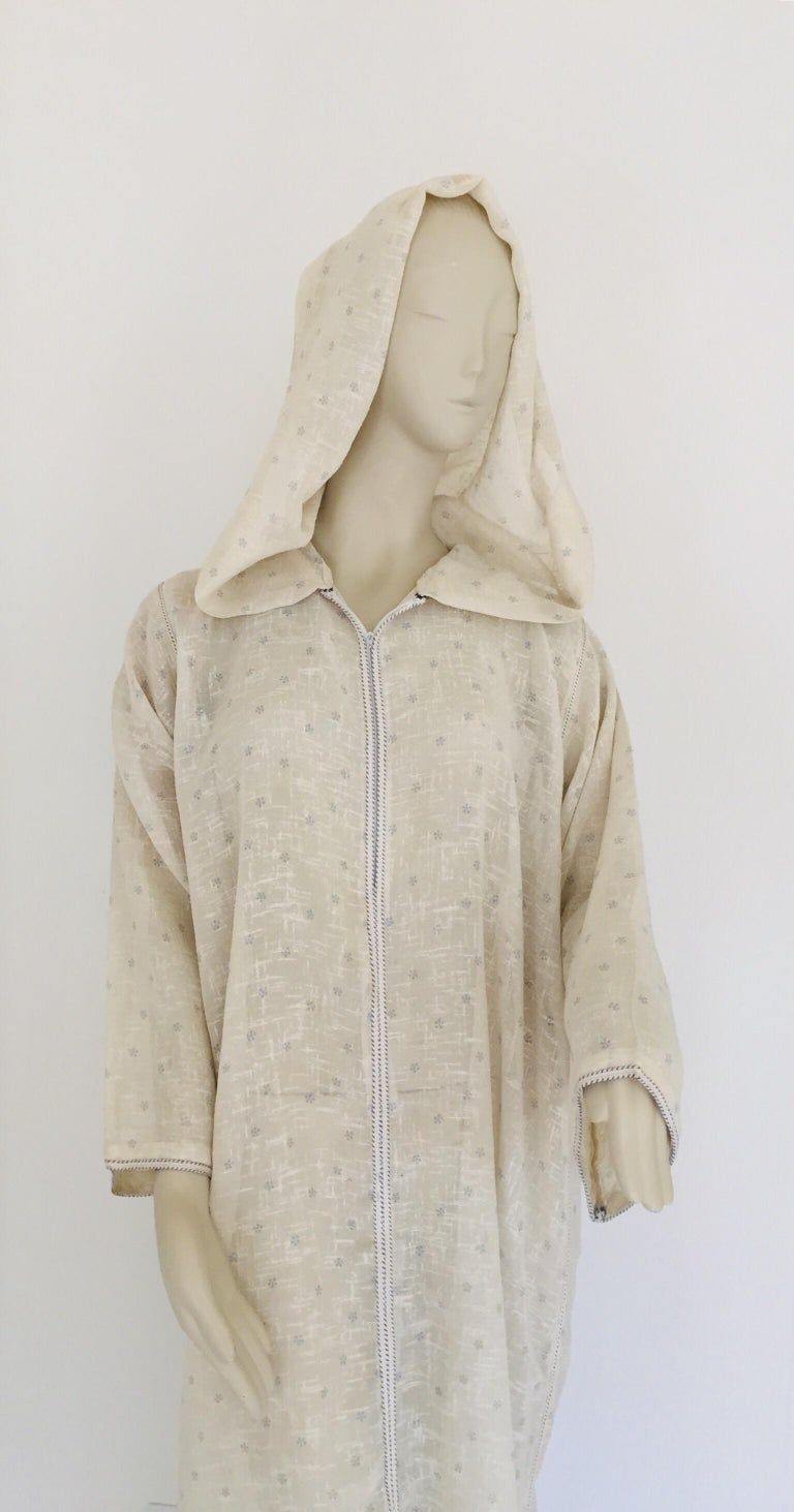 1970 Moroccan Hooded Caftan White and Blue Linen Djellabah Kaftan
