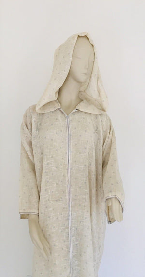 1970 Moroccan Hooded Caftan White and Blue Linen Djellabah Kaftan