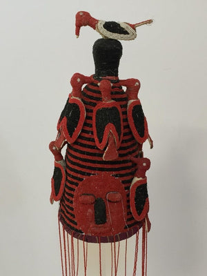 Yoruba Nigeria African Red Royal Beaded Headdress Crown on Lucite Stand