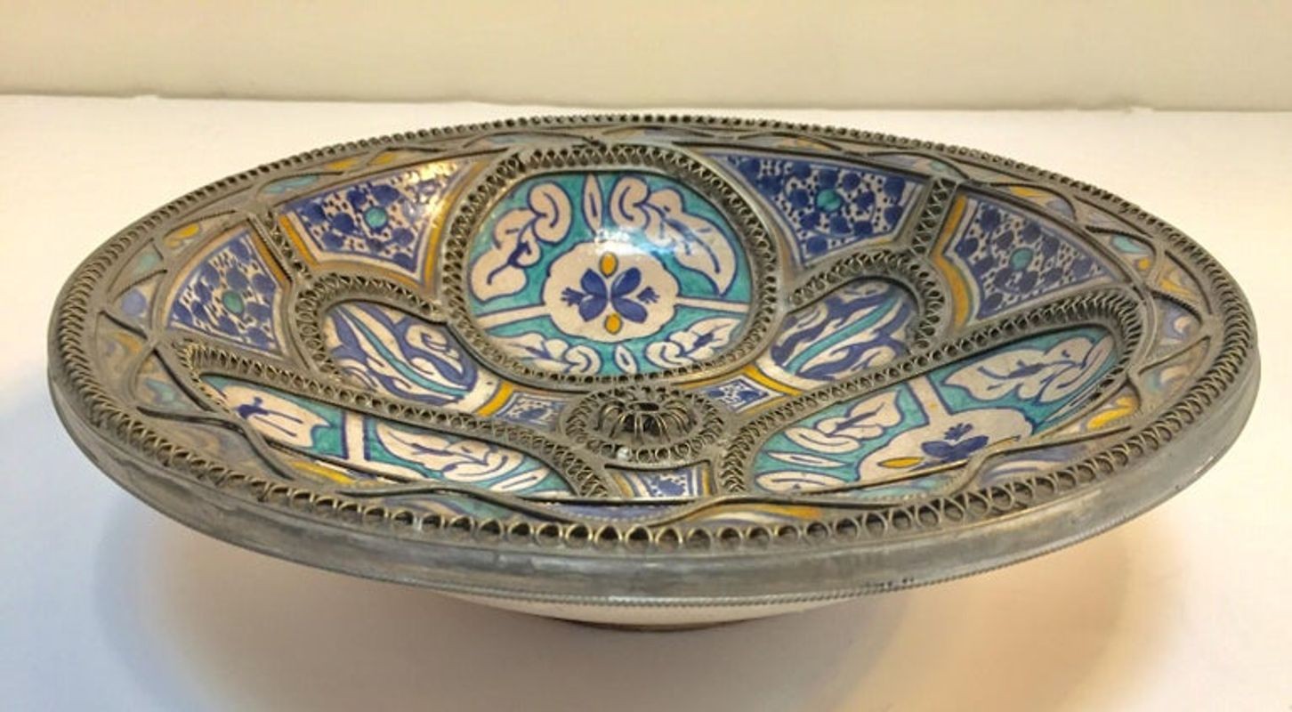 Moroccan Ceramic Plate Adorned with Silver Filigree from Fez