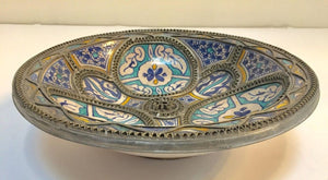 Moroccan Ceramic Plate Adorned with Silver Filigree from Fez