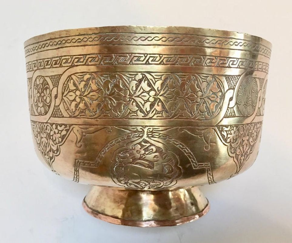 Antique Islamic Hand-Etched Arabian Footed Brass Bowl