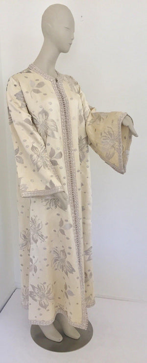 1960's Vintage Moroccan Caftan with Silver Metallic Floral Silk Brocade