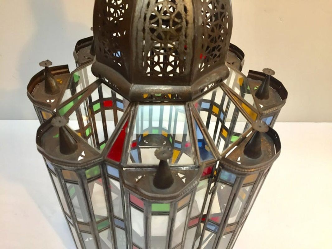 Moorish Glass Lantern, Handcrafted Metal & Glass, Morocco