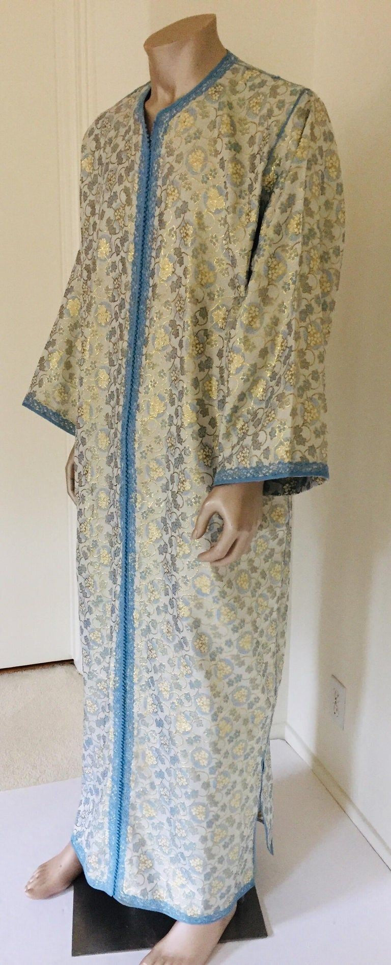 Metallic Blue and Silver Brocade 1970s Maxi Dress Caftan Evening