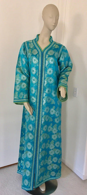 Moroccan Kaftan in Turquoise and Gold Floral Brocade Metallic Lame