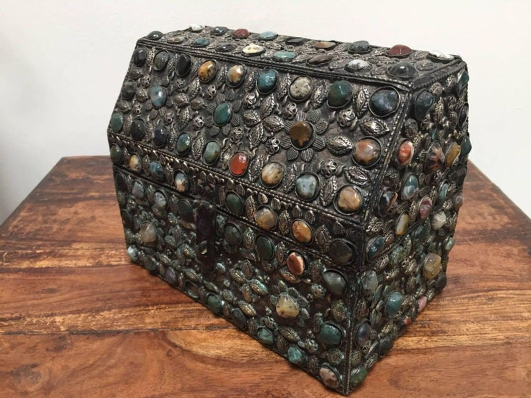 Large Moroccan Wedding Silvered Jewelry Box Inlaid with Semi-Precious Stones