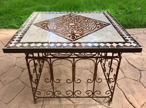 Moroccan Mosaic Tile Side table on Iron Base, Brown and White
