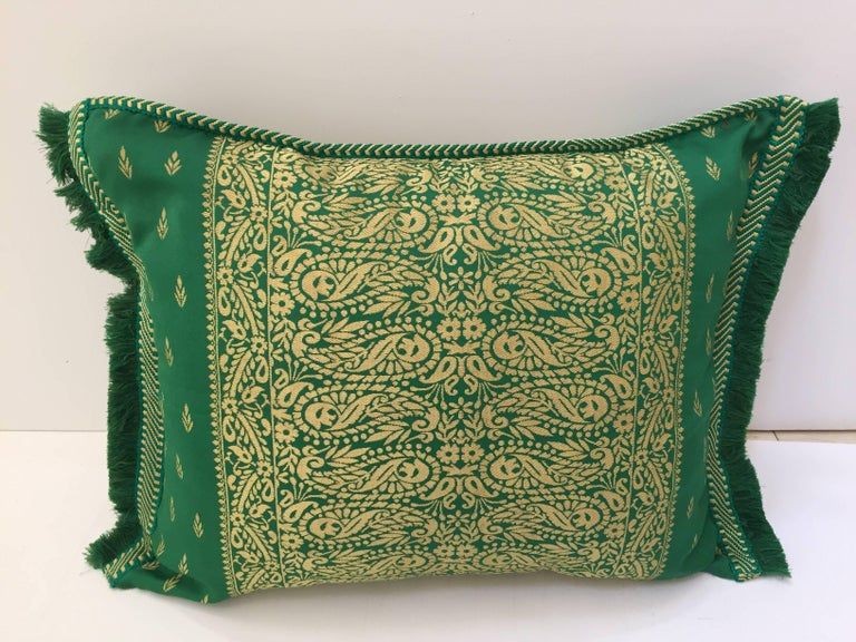 Large Pair of Moroccan Damask Green Bolster Lumbar Decorative Pillows