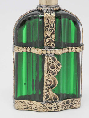 Moorish Emerald Green Glass Perfume Bottle Sprinkler with Embossed Metal Overlay