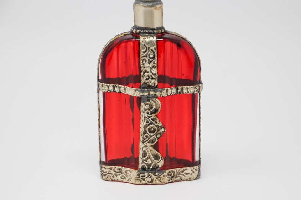 Moroccan Red Glass Perfume Bottle Sprinkler with Embossed Metal Overlay
