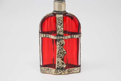 Moroccan Red Glass Perfume Bottle Sprinkler with Embossed Metal Overlay