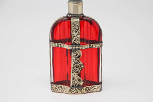 Moroccan Red Glass Perfume Bottle Sprinkler with Embossed Metal Overlay