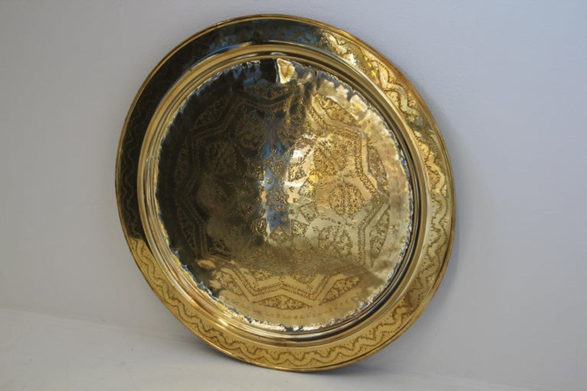 Monumental Moroccan Polished Metal Brass Tray Platter 39 inches