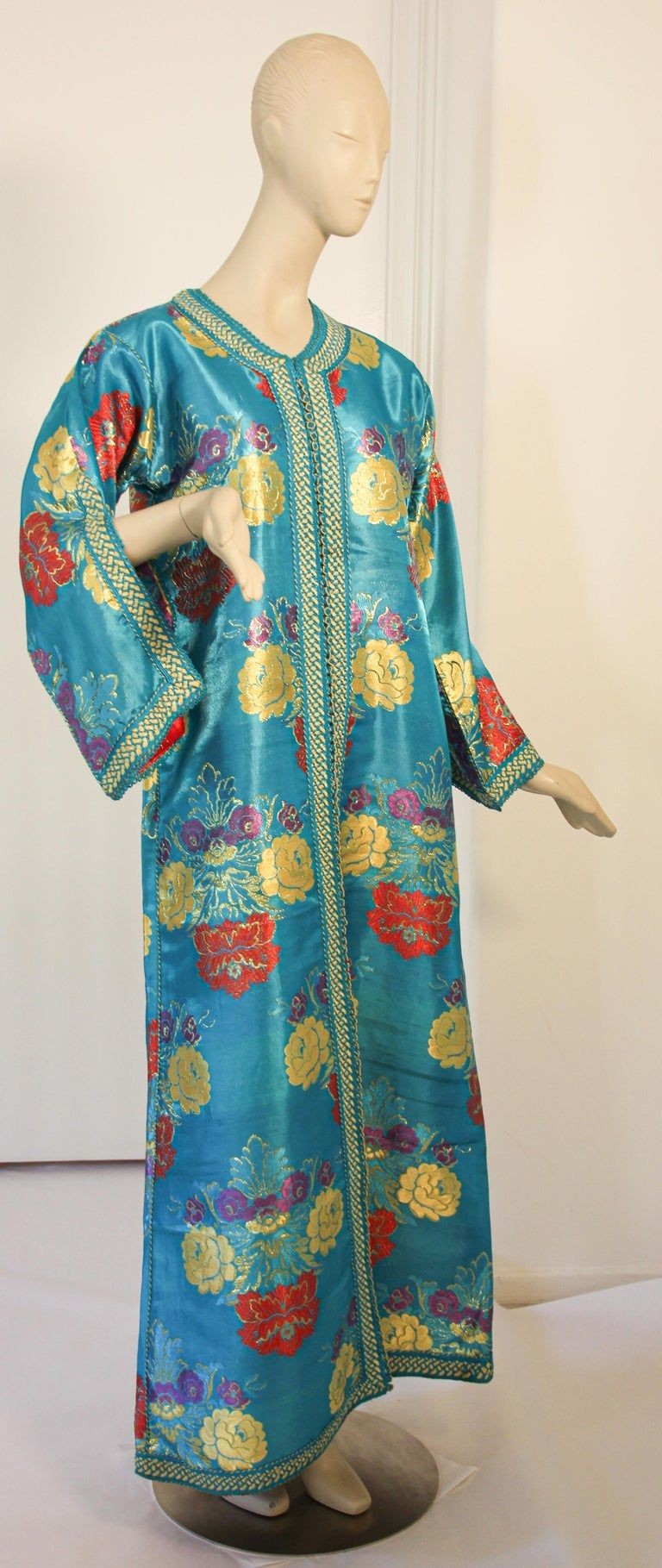 Elegant Moroccan Caftan in Blue Metallic Floral Brocade