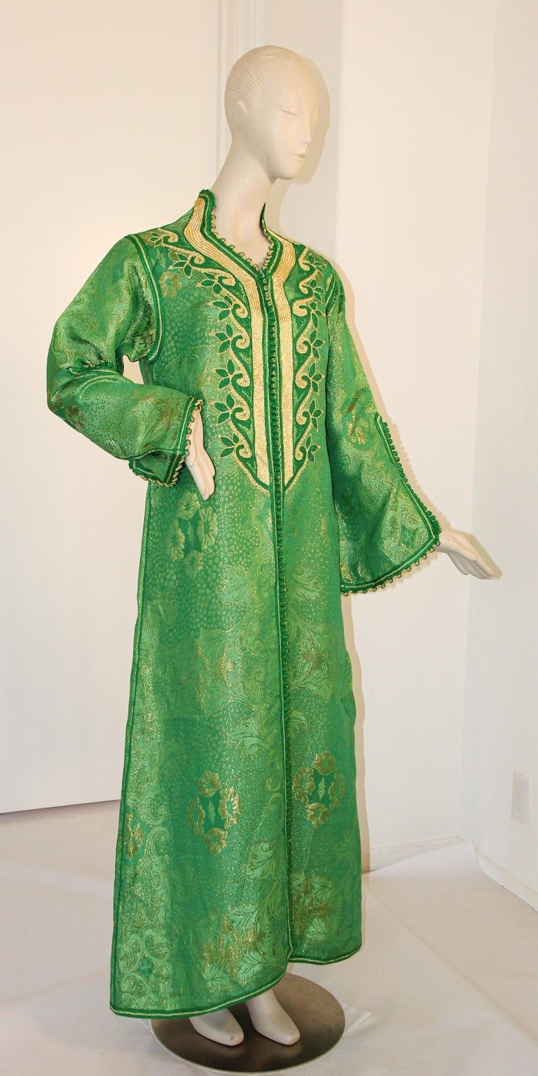 Elegant Moroccan Caftan Emerald Green and Gold Metallic Brocade