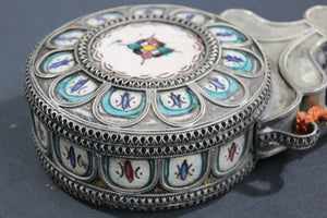 Moroccan Ceramic Flask Bottle from Fez with Silvered Filigree