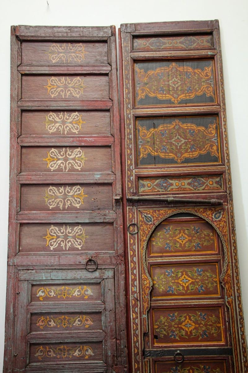 19th Century Moroccan Antique Double Door with Hand Painted Moorish Designs