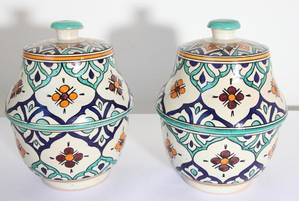 Moorish Ceramic Glazed Covered Urns Handcrafted in Fez Morocco