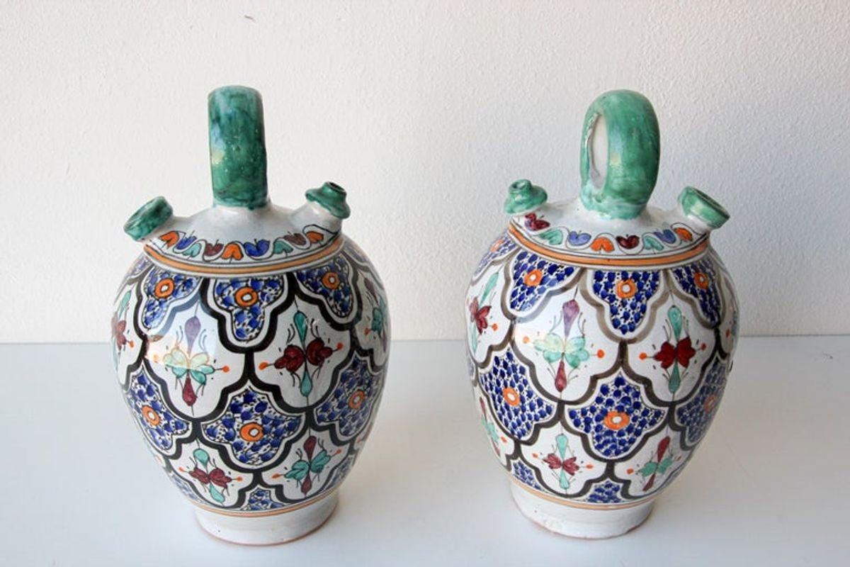 Moorish Ceramic Glazed Water Jug Handcrafted in Fez Morocco