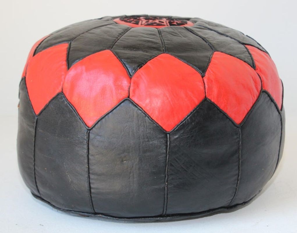Vintage Moroccan Leather Pouf Hand-Tooled in Marrakesh Red and Black