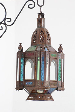 Vintage Moroccan Moorish Metal and Stained Glass Lantern or Pendant