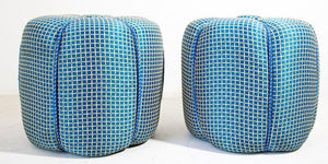 Pair of Vintage Art Deco Pouf Turquoise Upholstered Round Stool