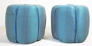 Pair of Vintage Art Deco Pouf Turquoise Upholstered Round Stools