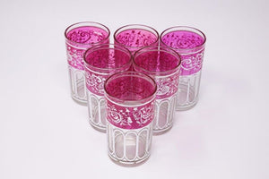 Set of Six Pink Glasses with Silver Raised Moorish Design