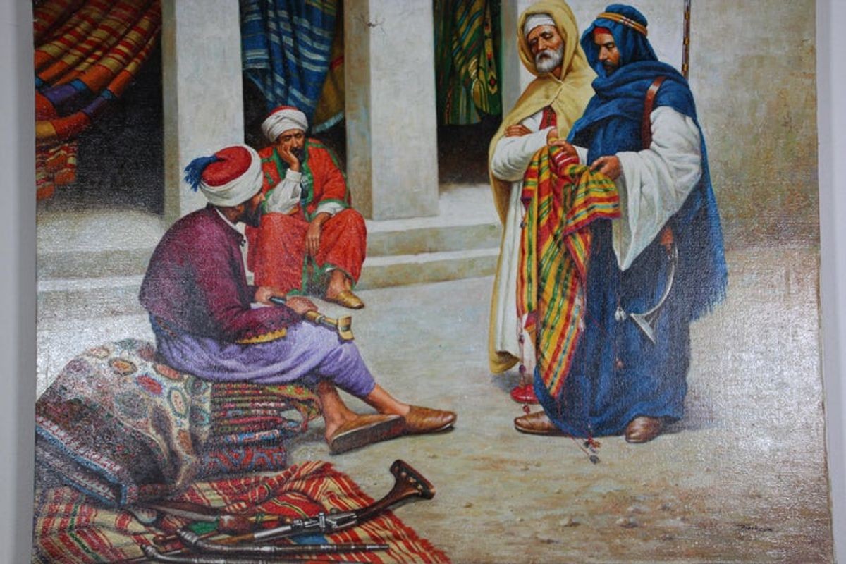 Mid-20th Century Hand-Painted Oil: Moroccan Rug Market Scene