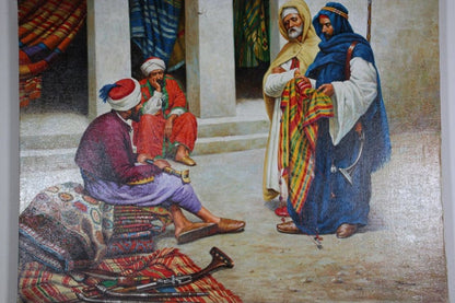 Mid-20th Century Hand-Painted Oil: Moroccan Rug Market Scene