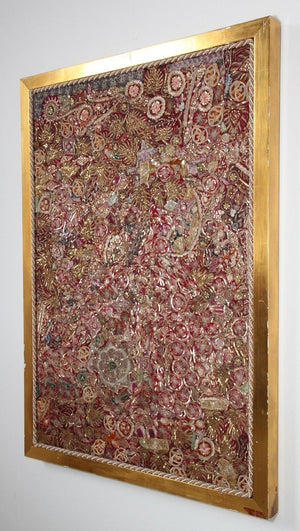 Mughal Embroidered Metal Threaded Tapestry from Rajasthan Framed