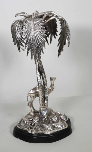 Orientalist Cast Silver Metal Camel Standing Under Palm Trees