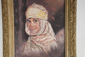 Vintage Orientalist Oil on Canvas A Portrait of A Young Girl