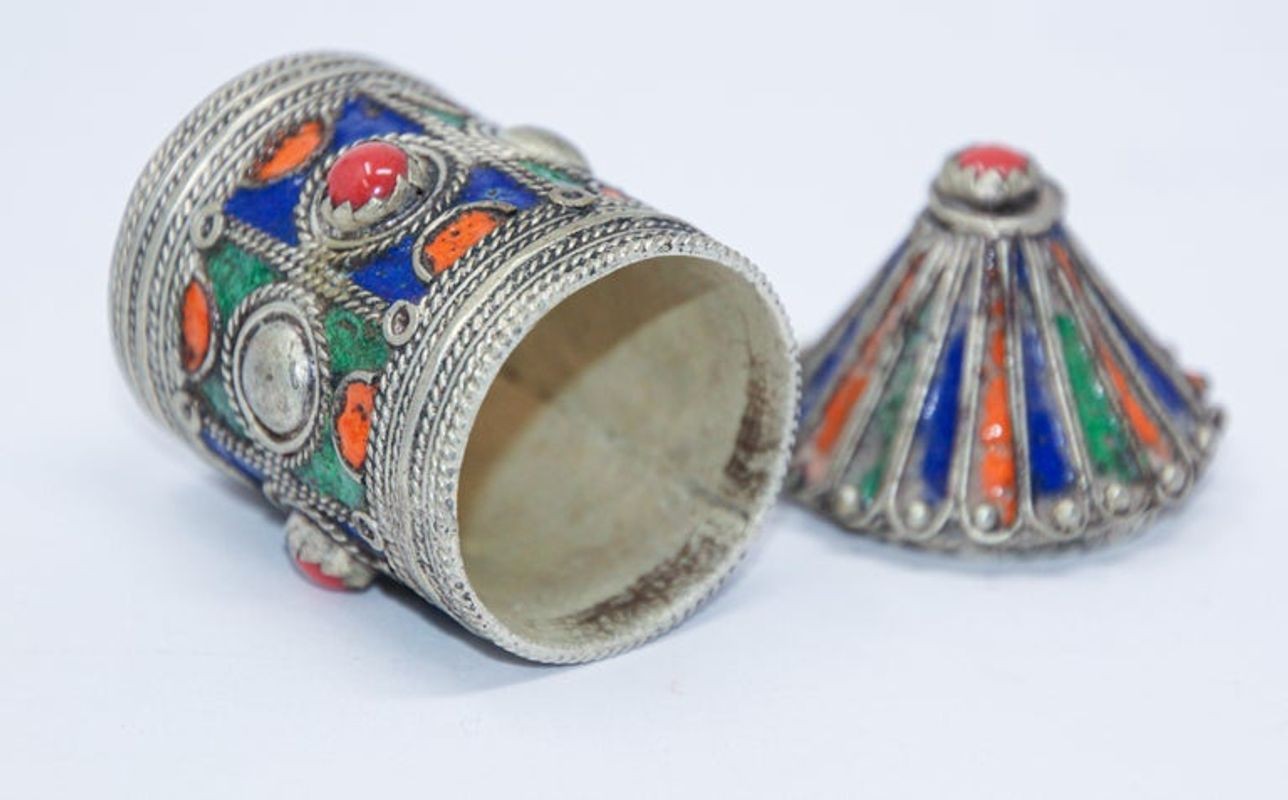 Antique Silver Enameled Ring Container Box from Kabylie, Algeria