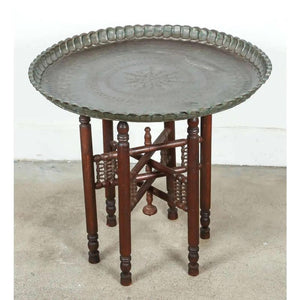 Turkish Tin Copper Tray Table on Wooden Folding Stand