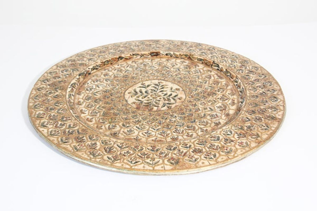 Indian Mughal style Overlaid and Hand Painted Metal Platter 1950